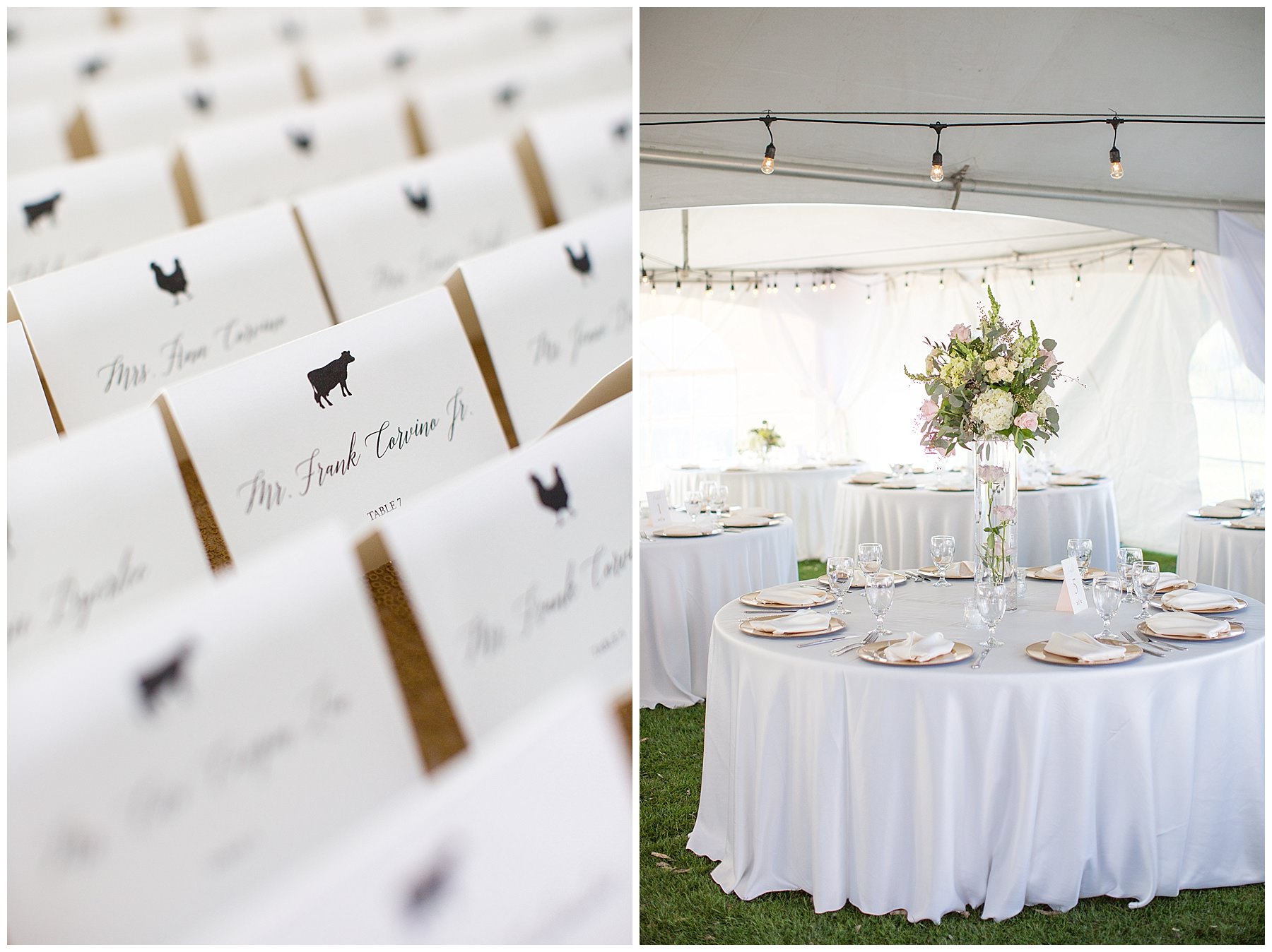 escort cards and white linen wedding tables